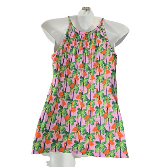 Bouffants & Broken Hearts Womens Small Linen Tank Top Pink Flamingo Palm Trees - Picture 4 of 10